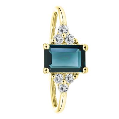 Bague Solitaire Epaulé Topaze London Blue & Diamants de Synthèse 0,10 ct en Or Jaune 750, Taille 53 - Ocarat