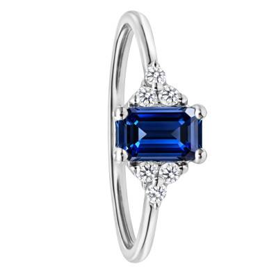 Bague Solitaire Épaulé en Or Blanc 750, Saphir de Synthèse & Diamants de Synthèse 0,10 ct - Aurora