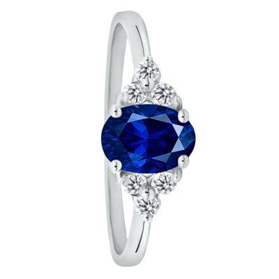 Bague Solitaire Épaulé en Or Blanc 750, Saphir de Synthèse Ovale & Diamants de Synthèse 0,18 ct, Taille 54 - Ocarat