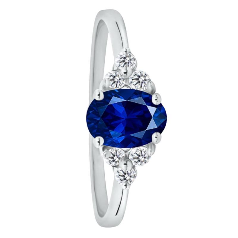 Bague Solitaire Épaulé en Or Blanc 750, Saphir de Synthèse Ovale & Diamants de Synthèse 0,18 ct, Taille 54 - Ocarat