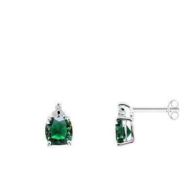 Boucles d'Oreilles en Or Blanc 750 & Emeraude de Synthèse et Diamants de Synthèse 2 x 0,05 ct - Ocarat