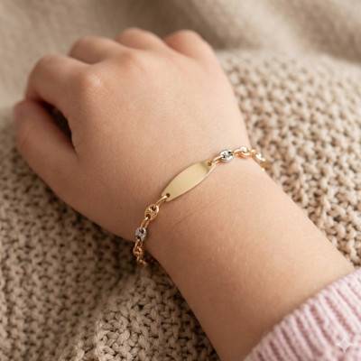 Tri-Color 375/1000 (9K) Gold Oval Baby ID Bracelet, Coffee Bean Chain, Adjustable Length 14 cm, Width 3.12 mm - Bambins