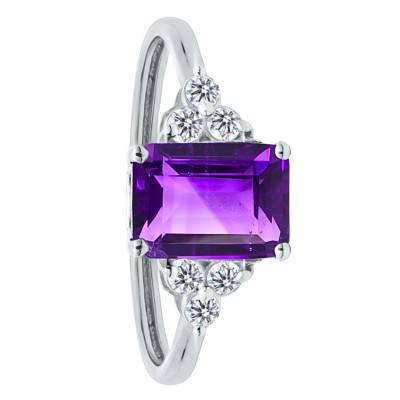 Bague Solitaire Épaulé en Or Blanc 750, Améthyste & Diamants de Synthèse 0,15 ct - Aurora