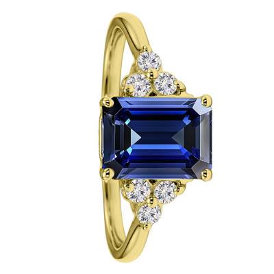 Bague Solitaire Épaulé Saphir de Synthèse & Diamants de Synthèse 0,15 ct en Or Jaune 750 - Aurora