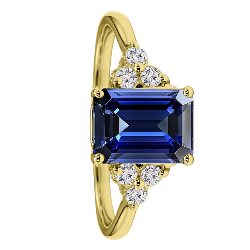 Bague Solitaire Épaulé Saphir de Synthèse & Diamants de Synthèse 0,15 ct en Or Jaune 750 - Aurora