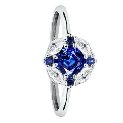 Bague de Fiançailles Coussin Saphir et Diamants de Synthèse 0,30 ct en Or Blanc 750, Taille 54 - Ocarat