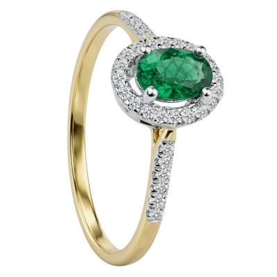 Bague Solitaire Accompagné Émeraude & Halo de Diamants de Synthèse 0,20 ct en 2 Ors 750, Taille 54 - Ocarat