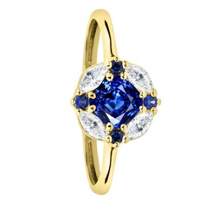 Bague de Fiançailles Coussin Saphir et Diamants de Synthèse 0,30 ct en Or Jaune 750, Taille 54 - Ocarat