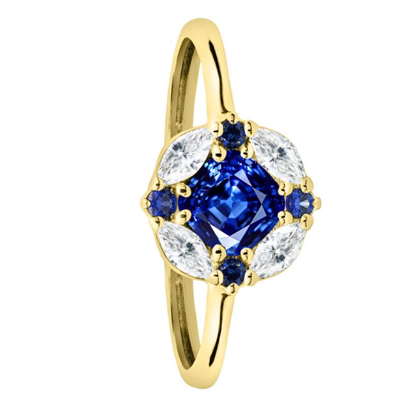 Bague de Fiançailles Coussin Saphir et Diamants de Synthèse 0,30 ct en Or Jaune 750, Taille 54 - Ocarat