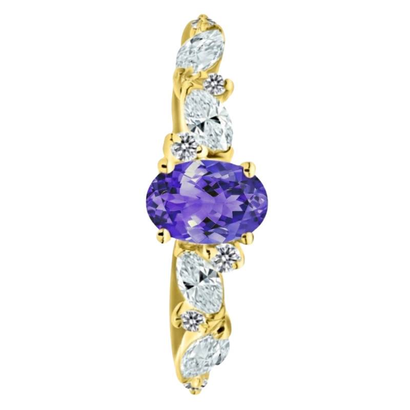 Bague de Fiançailles Tanzanite & Diamants de Synthèse 0,35 ct en Or Jaune 750, Taille 54 - Ocarat