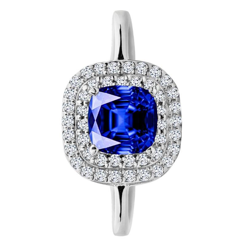 Bague Solitaire Accompagné Saphir de Synthèse & Halo de Diamants de Synthèse 0,20 ct en Or Blanc 750 - Aurora