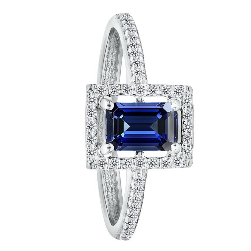 Bague Solitaire Accompagné Saphir et Diamants de Synthèse 0,30 ct en Or Blanc 750, Taille 54 - Ocarat