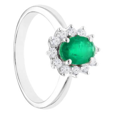 Bague Marguerite Florale en Or Blanc 750 & Diamants 0,36 ct et Emeraude - Aurora