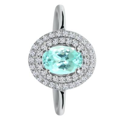 Solitaire Accompagné Tourmaline Paraiba de Synthèse & Halo de Diamants de Synthèse 0,30 ct, en Or Blanc 750, Taille 54 - Ocarat