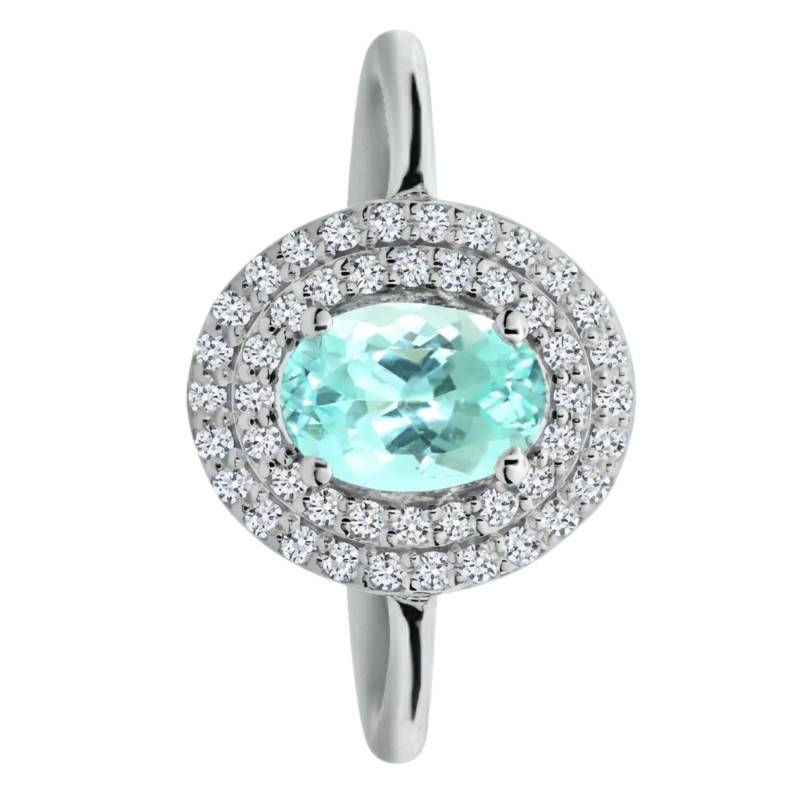 Solitaire Accompagné Tourmaline Paraiba de Synthèse & Halo de Diamants de Synthèse 0,30 ct, en Or Blanc 750, Taille 54 - Ocarat