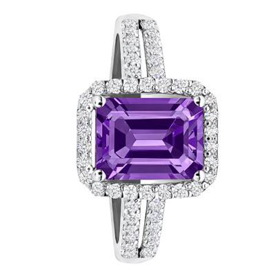 Bague Solitaire Accompagné Amethyste & Halo de Diamants de Synthèse 0,40ct en Or Blanc 750, Taille 54 - Ocarat