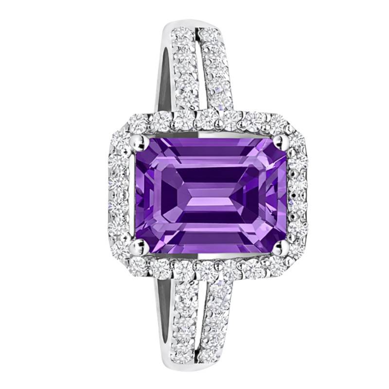 Bague Solitaire Accompagné Amethyste & Halo de Diamants de Synthèse 0,40ct en Or Blanc 750, Taille 54 - Ocarat