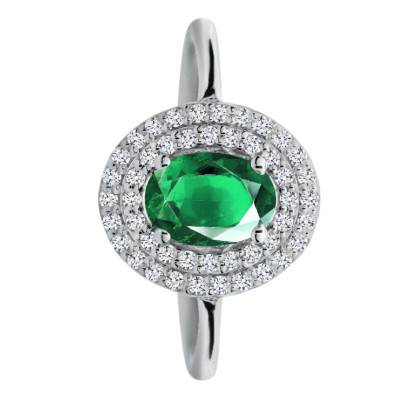 Synthetic Emerald & Lab-Grown Diamond Halo Solitaire Ring, 0.30 ct, 750/1000 White Gold, Size 54 - Ocarat
