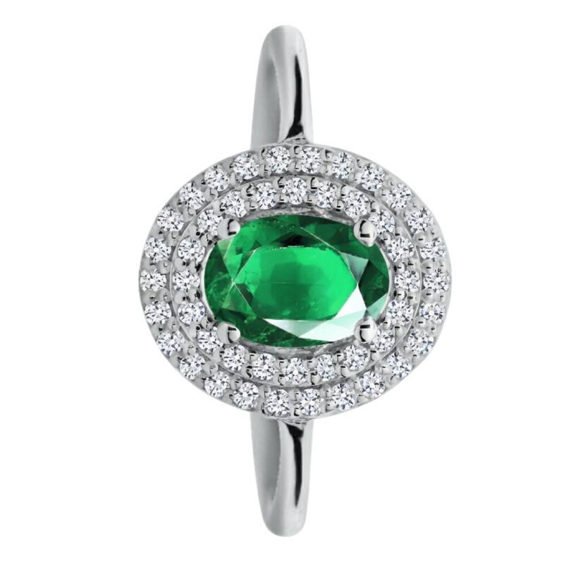 Synthetic Emerald & Lab-Grown Diamond Halo Solitaire Ring, 0.30 ct, 750/1000 White Gold, Size 54 - Ocarat