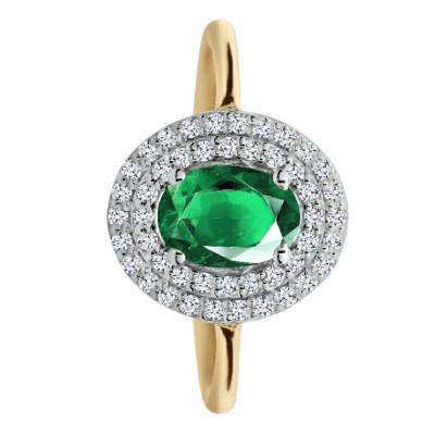 Solitaire Accompagné Émeraude de Synthèse & Halo de Diamants de Synthèse 0,30 ct, en 2 Ors 750 Taille 54 - Ocarat