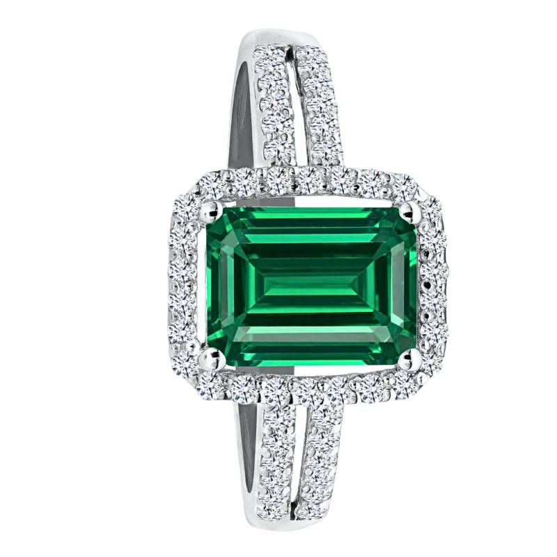 Bague Solitaire Accompagné Emeraude de Synthèse & Diamants de Synthèse 0,40 ct en Or Blanc 750, Taille 54 - Ocarat