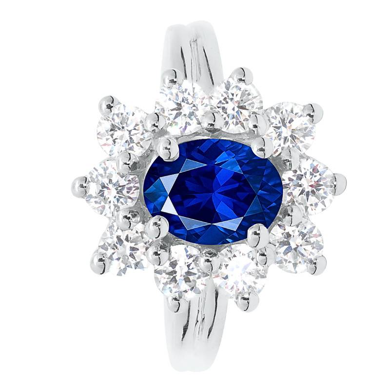 Bague Marguerite Ovale Saphir & Diamants de Synthèse 1,40 ct en Or Blanc 750, Taille 54 - Ocarat