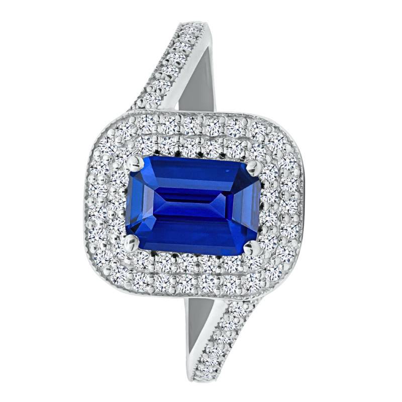 Bague Solitaire Accompagné Saphir & Halo de Diamants 0,45 ct en Or Blanc 750, Taille 54 - Ocarat