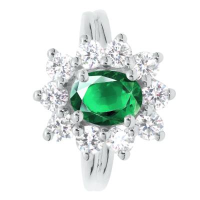 750/1000 White Gold Lab-Grown Emerald & Lab-Grown Diamond 1.40 ct Oval Daisy Ring, Size 54 - Ocarat