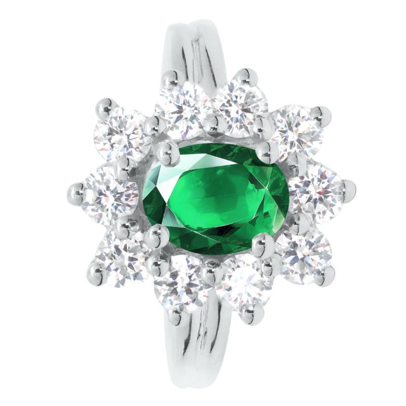 750/1000 White Gold Lab-Grown Emerald & Lab-Grown Diamond 1.40 ct Oval Daisy Ring, Size 54 - Ocarat