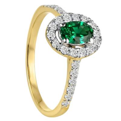 Bague Solitaire Accompagné Émeraude Ovale & Halo de Diamants de Synthèse 0,35 ct en 2 Ors 750 - Aurora