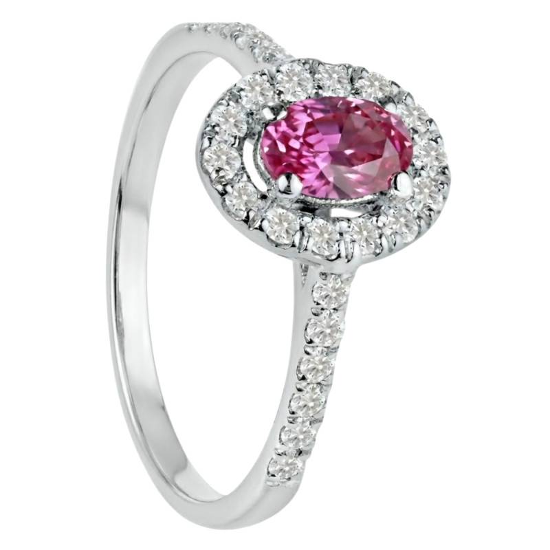 Bague Solitaire Accompagné Saphir Rose de Synthèse & Halo de Diamants de Synthèse 0,35 ct, en Or Blanc 750, Taille 54 - Ocarat