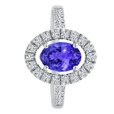 Bague Solitaire Accompagné Tanzanite & Diamants de Synthèse 0,41 ct en Or Blanc 750, Taille 54 - Ocarat