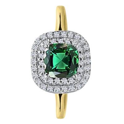 Solitaire Accompagné Diopside Coussin & Halo de Diamants de Synthèse 0,20 ct, en 2 Ors 750, Taille 54 - Ocarat