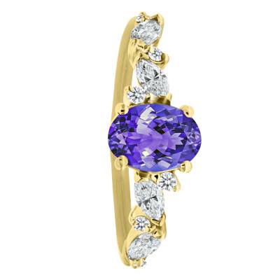 Tanzanite 7x5 mm & 0.35 ct Lab-Grown Diamond Engagement Ring in 750/1000 Yellow Gold, Size 54 - Ocarat