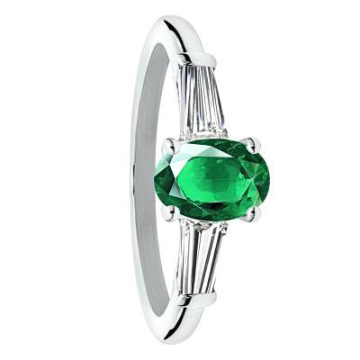 Bague Solitaire Epaulé Emeraude de Synthèse & Diamants de Synthèse 0,52 ct en Or Blanc 750, Taille 54 - Ocarat