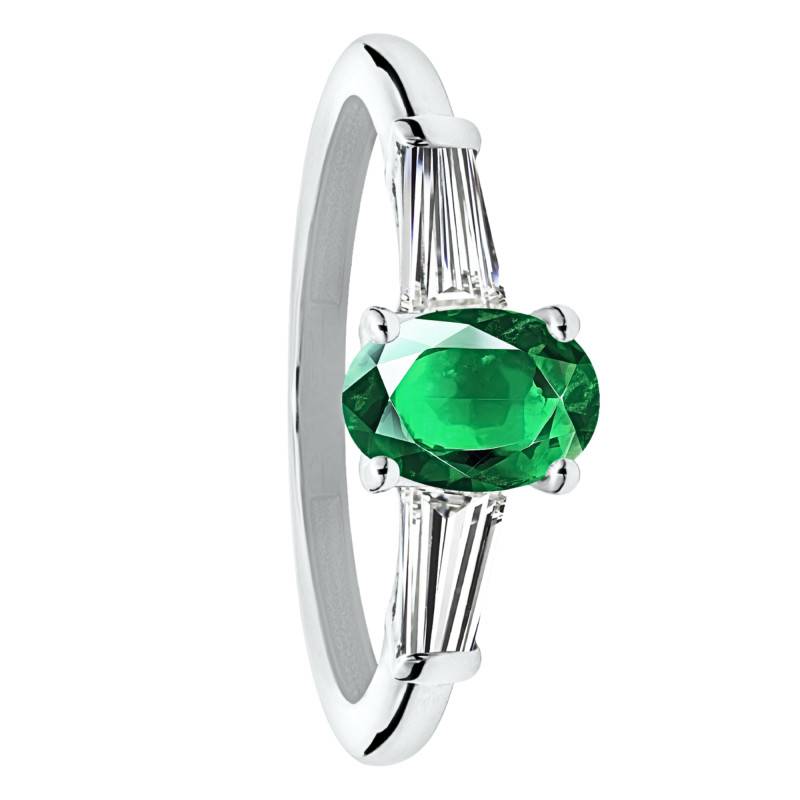 Bague Solitaire Epaulé Emeraude de Synthèse & Diamants de Synthèse 0,52 ct en Or Blanc 750, Taille 54 - Ocarat