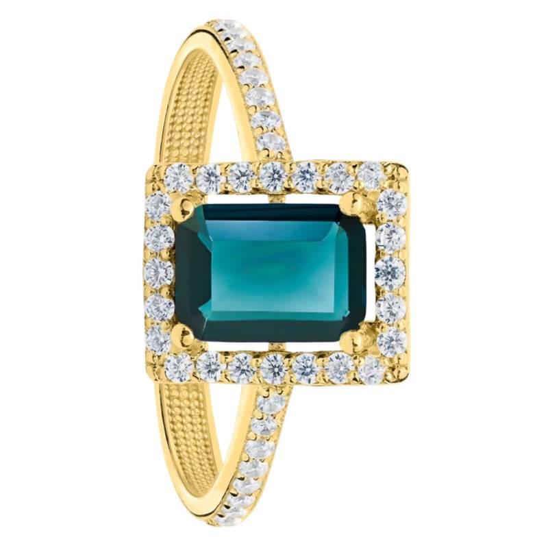 750/1000 Yellow Gold Lab-Grown London Blue Topaz & Halo Lab-Grown Diamond 0.50 ct Accompanied Solitaire Ring, Size 54 - Ocarat