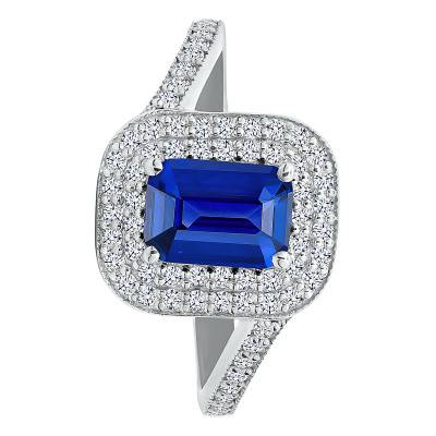 Bague Solitaire Accompagné Saphir de Synthèse & Diamants de Synthèse 0,45 ct en Or Blanc 750, Taille 54 - Ocarat