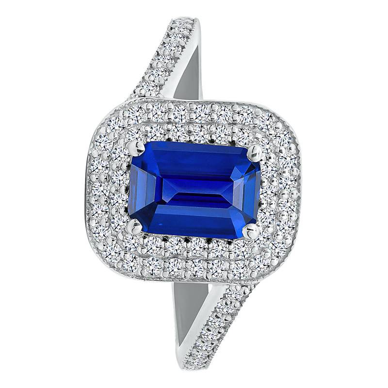 Bague Solitaire Accompagné Saphir de Synthèse & Diamants de Synthèse 0,45 ct en Or Blanc 750, Taille 54 - Ocarat