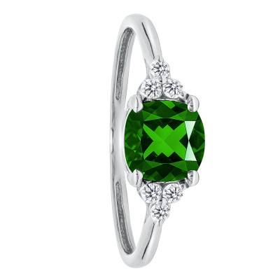 Bague Solitaire Epaulé Diopside & Diamants de Synthèse 0,10 ct en Or Blanc 750, Taille 54 - Ocarat