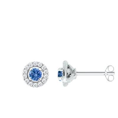 Boucles d'Oreilles Puces Saphirs de Ceylan & Diamants 2 x 0,10 ct en Or Blanc 750 - Ocarat