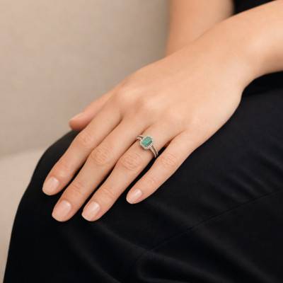 750/1000 White Gold Emerald 0.63 ct & Diamond Halo 0.046 ct Solitaire Ring with Side Stones - Aurora