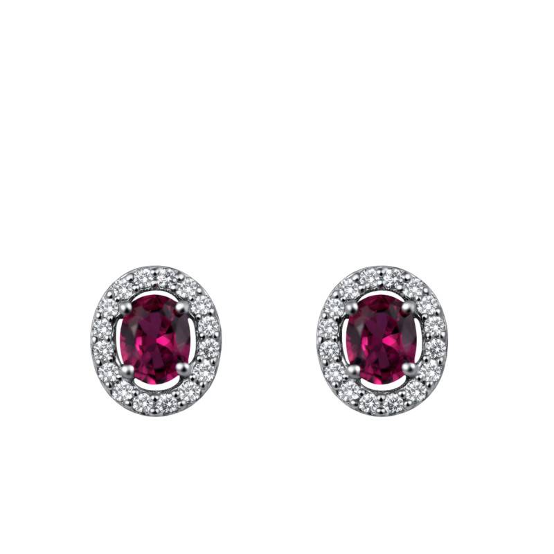 Boucles d'Oreilles Puces Rubis de Synthèse Ovale & Diamants de Synthèse 2 x 0,15 ct en Or Blanc 750 - Ocarat
