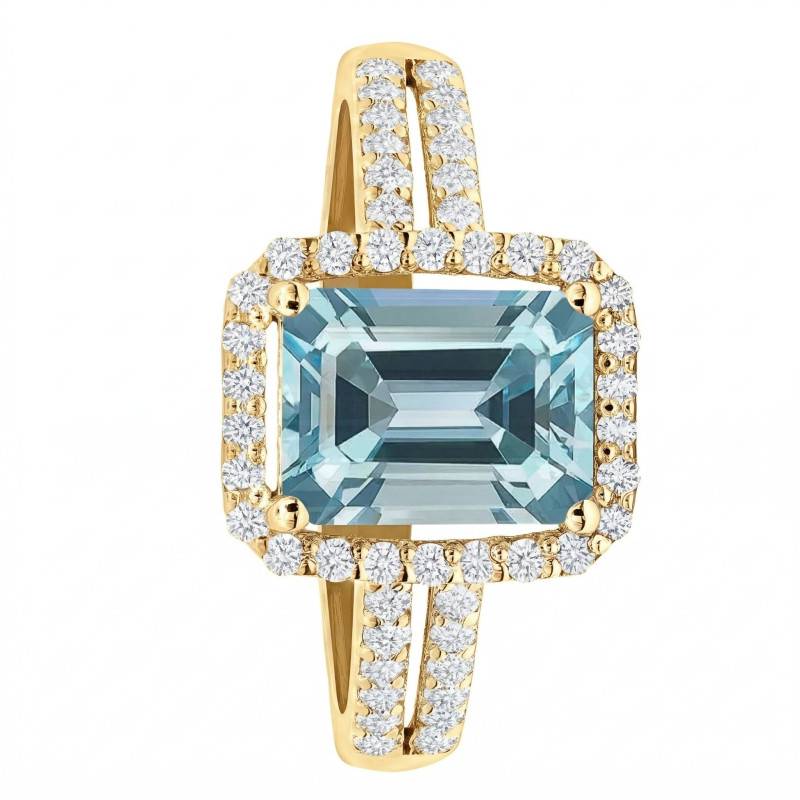 Bague Solitaire Accompagné Aigue-Marine & Halo de Diamants de Synthèse en Or Jaune 750, Taille 54 - Ocarat