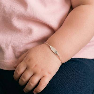 White 375/1000 Gold Cable Chain Baby ID Bracelet, Barrel Plate, Adjustable Length 16 cm, Width 1.50 mm - Bambins