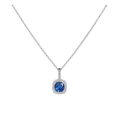 Collier Coussin Saphir de Synthèse & Diamants de Synthèse en Or Blanc 750, Longueur 40 à 42 cm Ajustable - Ocarat