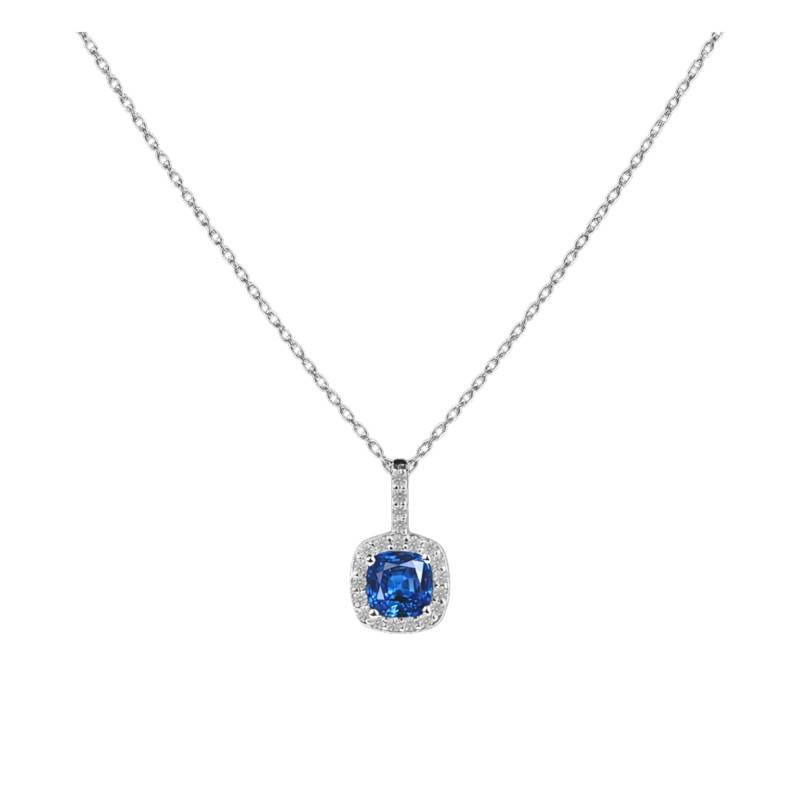 Collier Coussin Saphir de Synthèse & Diamants de Synthèse en Or Blanc 750, Longueur 40 à 42 cm Ajustable - Ocarat