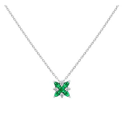 Collier Emeraude de Synthèse & Diamants de Synthèse 0,30 ct en Or Blanc 750, Longueur 40 à 42 cm Ajustable - Ocarat