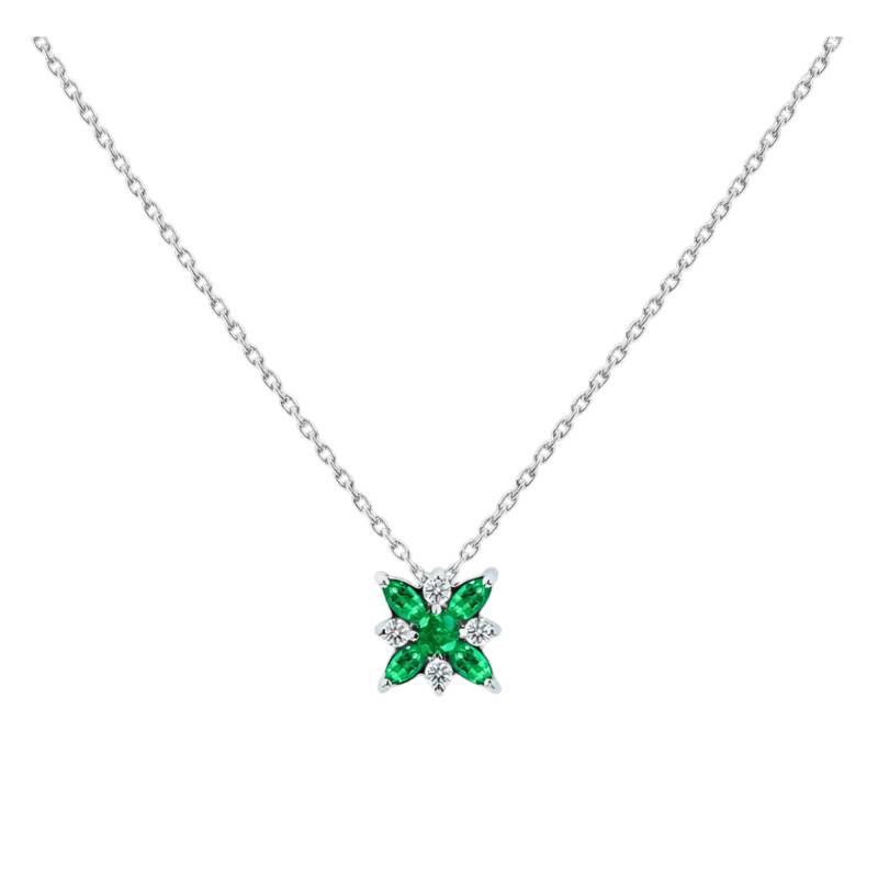 Collier Emeraude de Synthèse & Diamants de Synthèse 0,30 ct en Or Blanc 750, Longueur 40 à 42 cm Ajustable - Ocarat