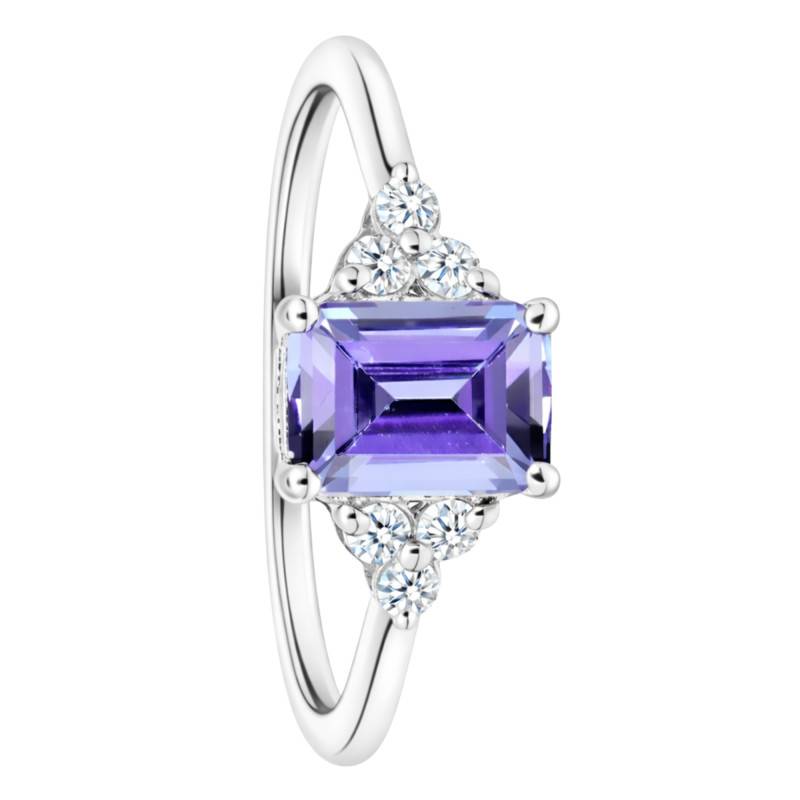 Bague Solitaire Épaulé Tanzanite & Diamants de synthèse 0,13 ct en Or Blanc 750, Taille 54 - Ocarat